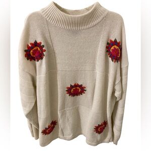 Vintage Cherie White Sweater with Multicolor Floral Embroidered Accents L